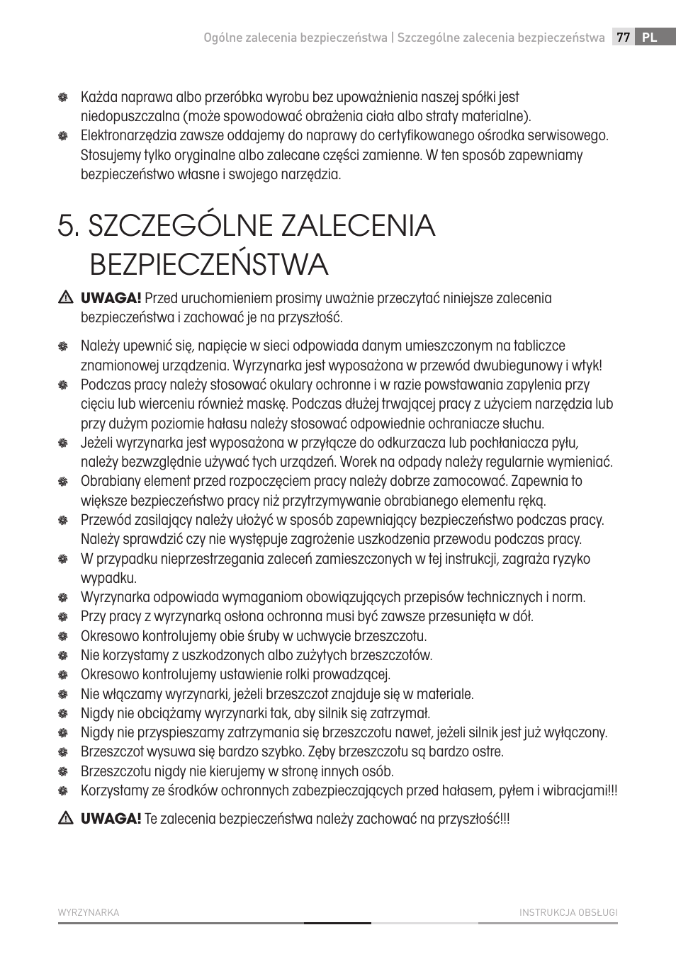 Szczególne zalecenia bezpieczeństwa | Fieldmann FDP 2002-E User Manual | Page 77 / 102