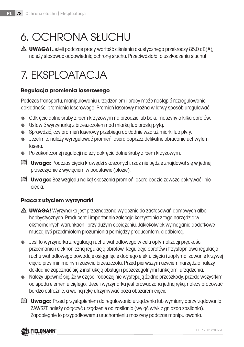Ochrona słuchu, Eksploatacja | Fieldmann FDP 2002-E User Manual | Page 78 / 102