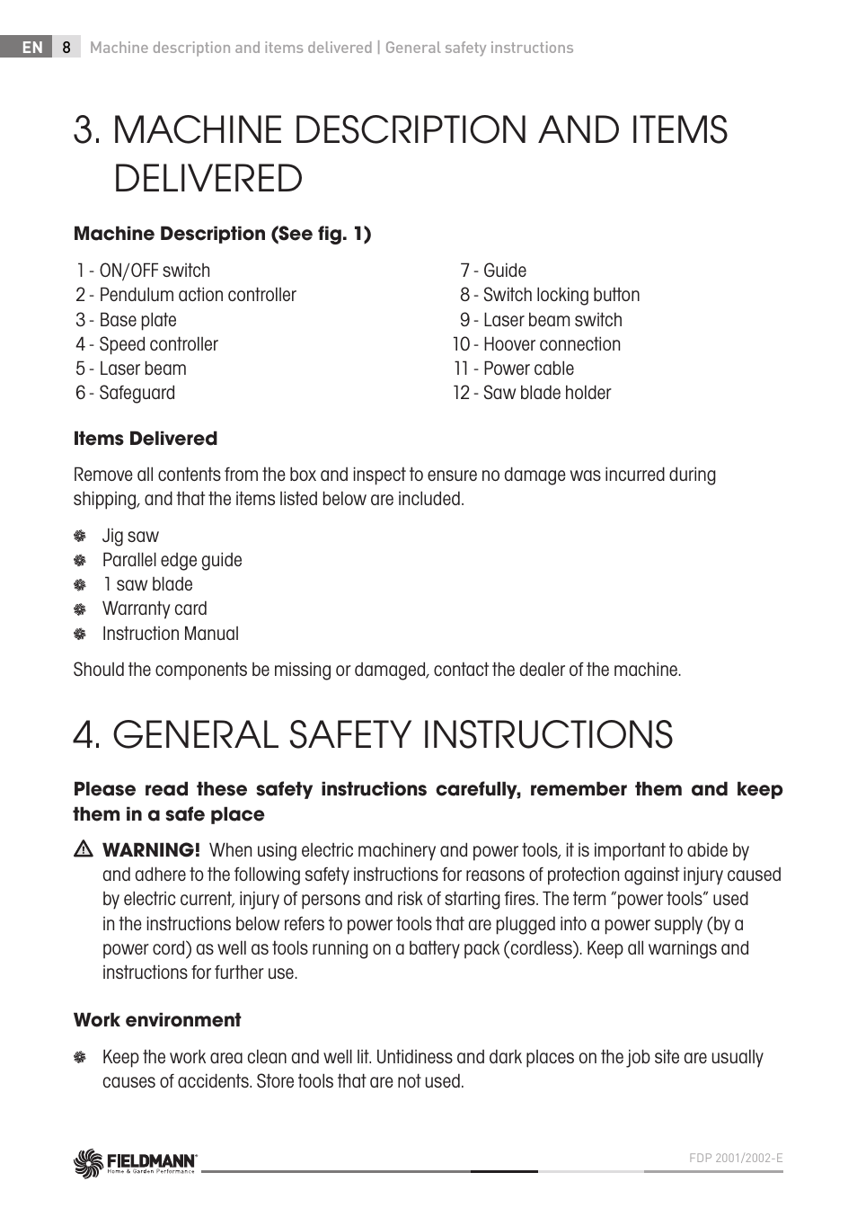 Machine description and items delivered, General safety instructions | Fieldmann FDP 2002-E User Manual | Page 8 / 102