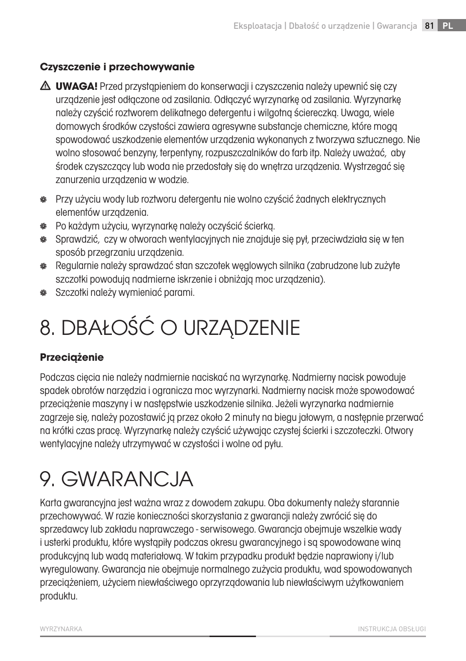 Dbałość o urządzenie, Gwarancja | Fieldmann FDP 2002-E User Manual | Page 81 / 102