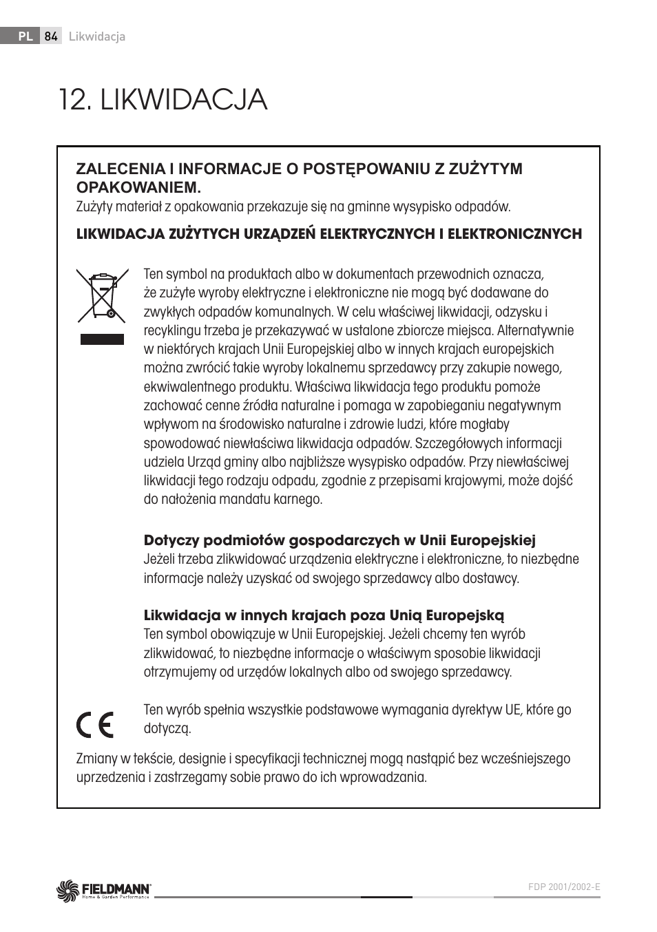 Likwidacja | Fieldmann FDP 2002-E User Manual | Page 84 / 102