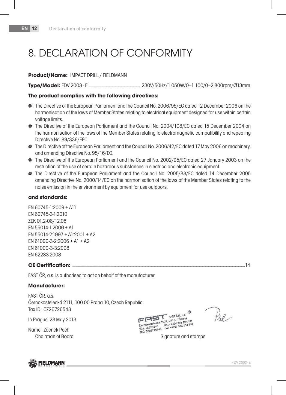 Declaration of conformity | Fieldmann FDV 2003-E User Manual | Page 12 / 64