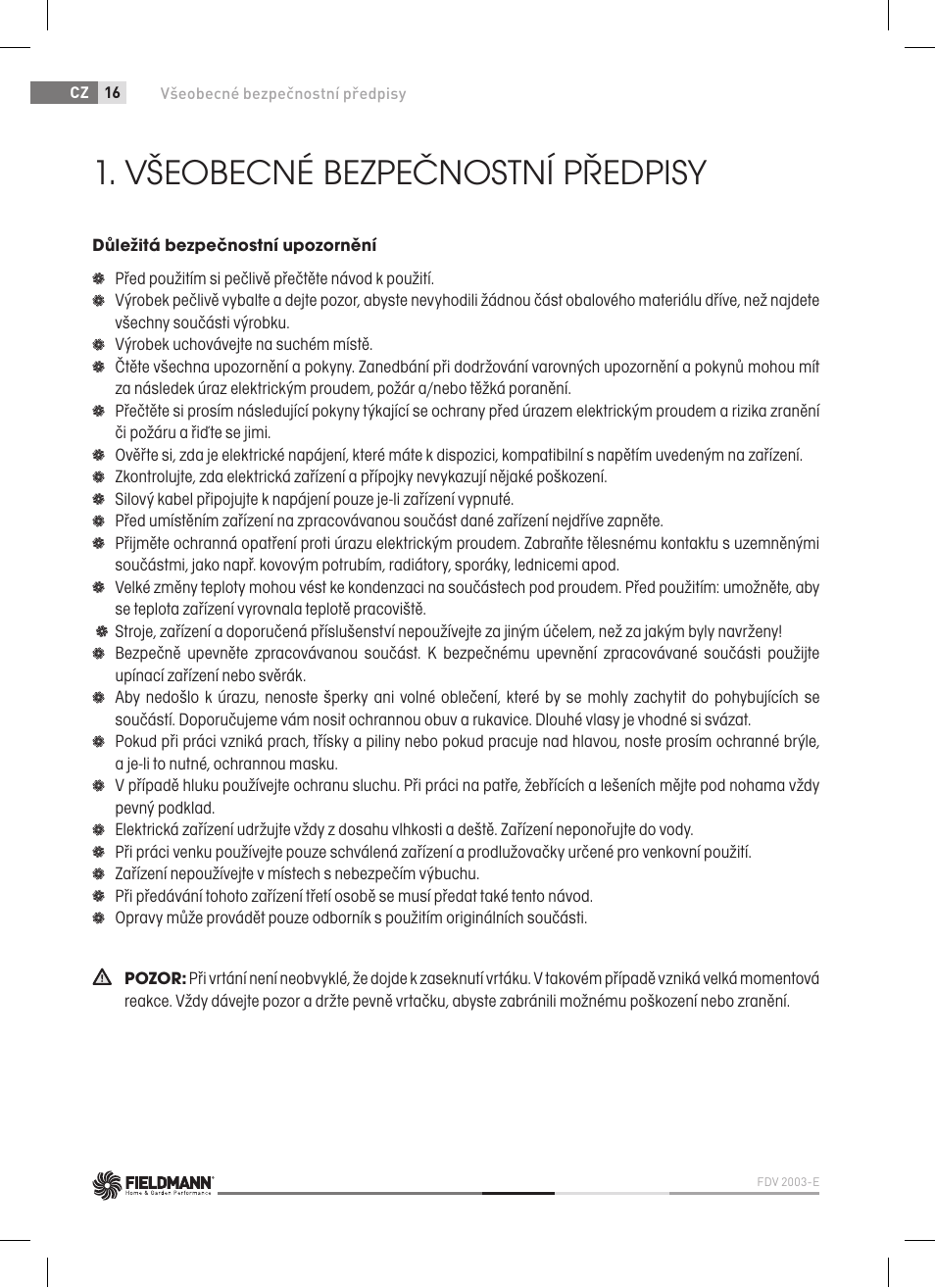 Všeobecné bezpečnostní předpisy | Fieldmann FDV 2003-E User Manual | Page 16 / 64