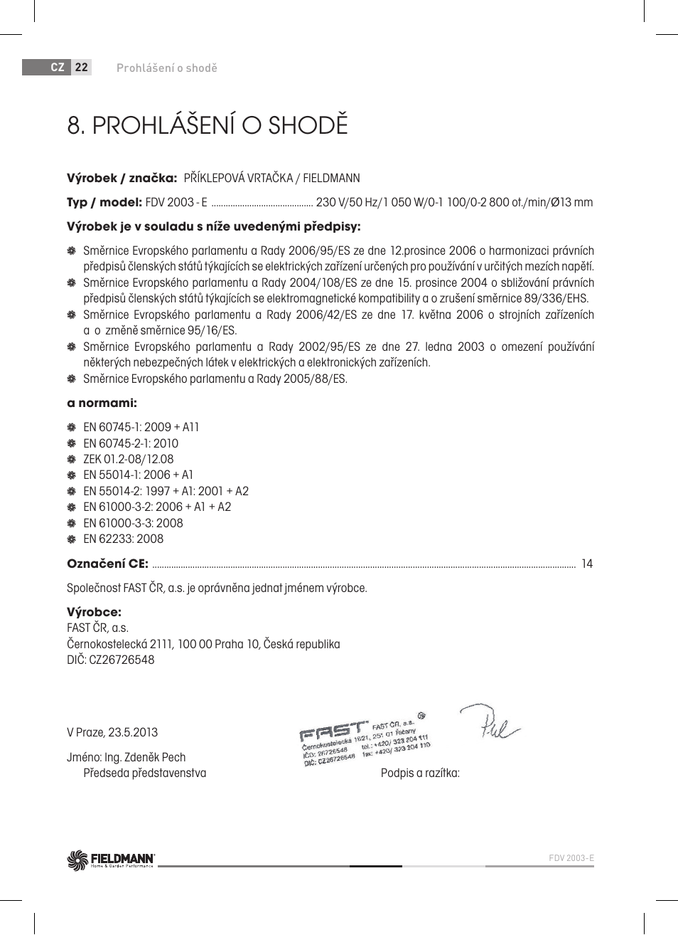 Prohlášení o shodě | Fieldmann FDV 2003-E User Manual | Page 22 / 64