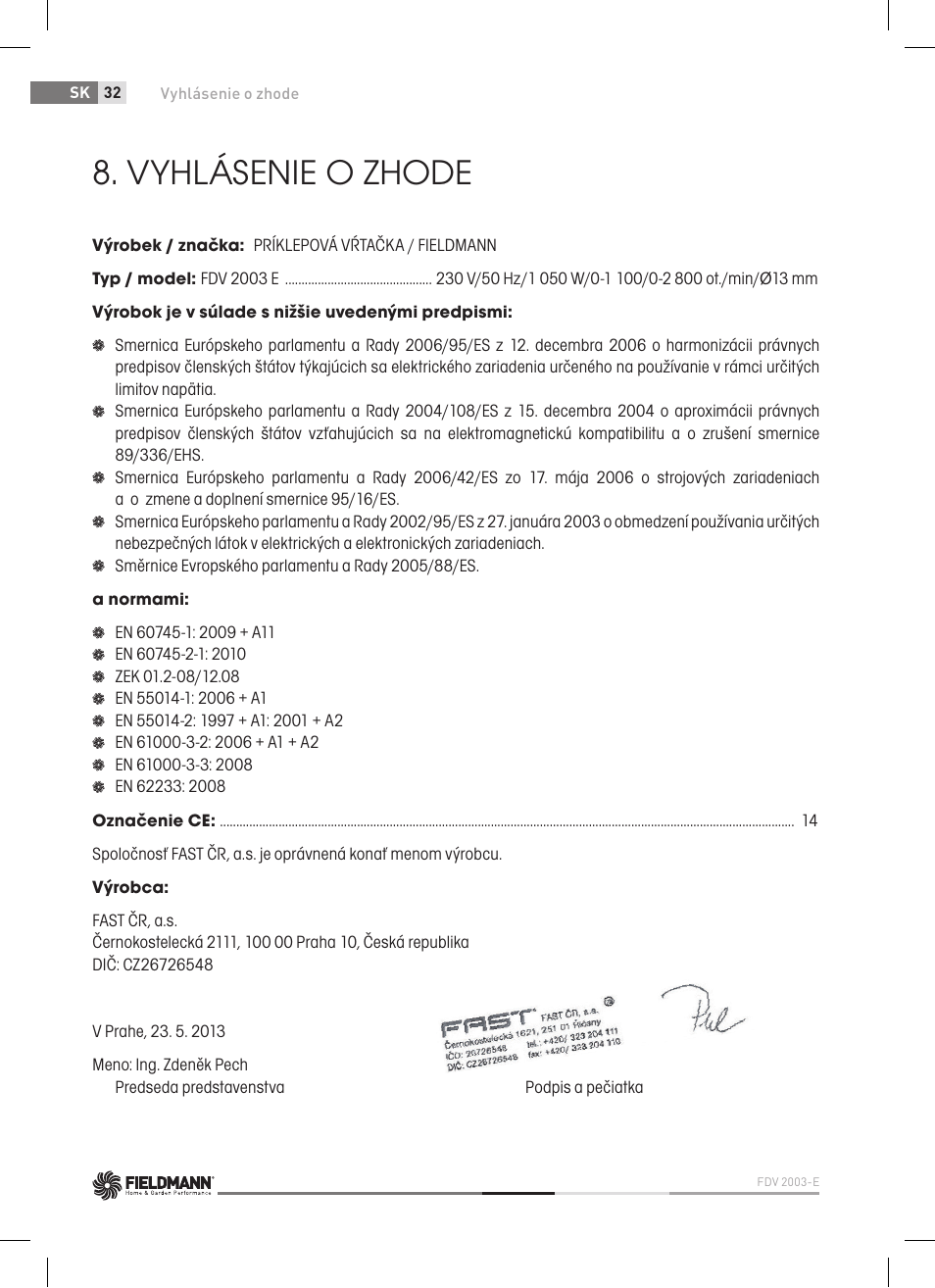 Vyhlásenie o zhode | Fieldmann FDV 2003-E User Manual | Page 32 / 64