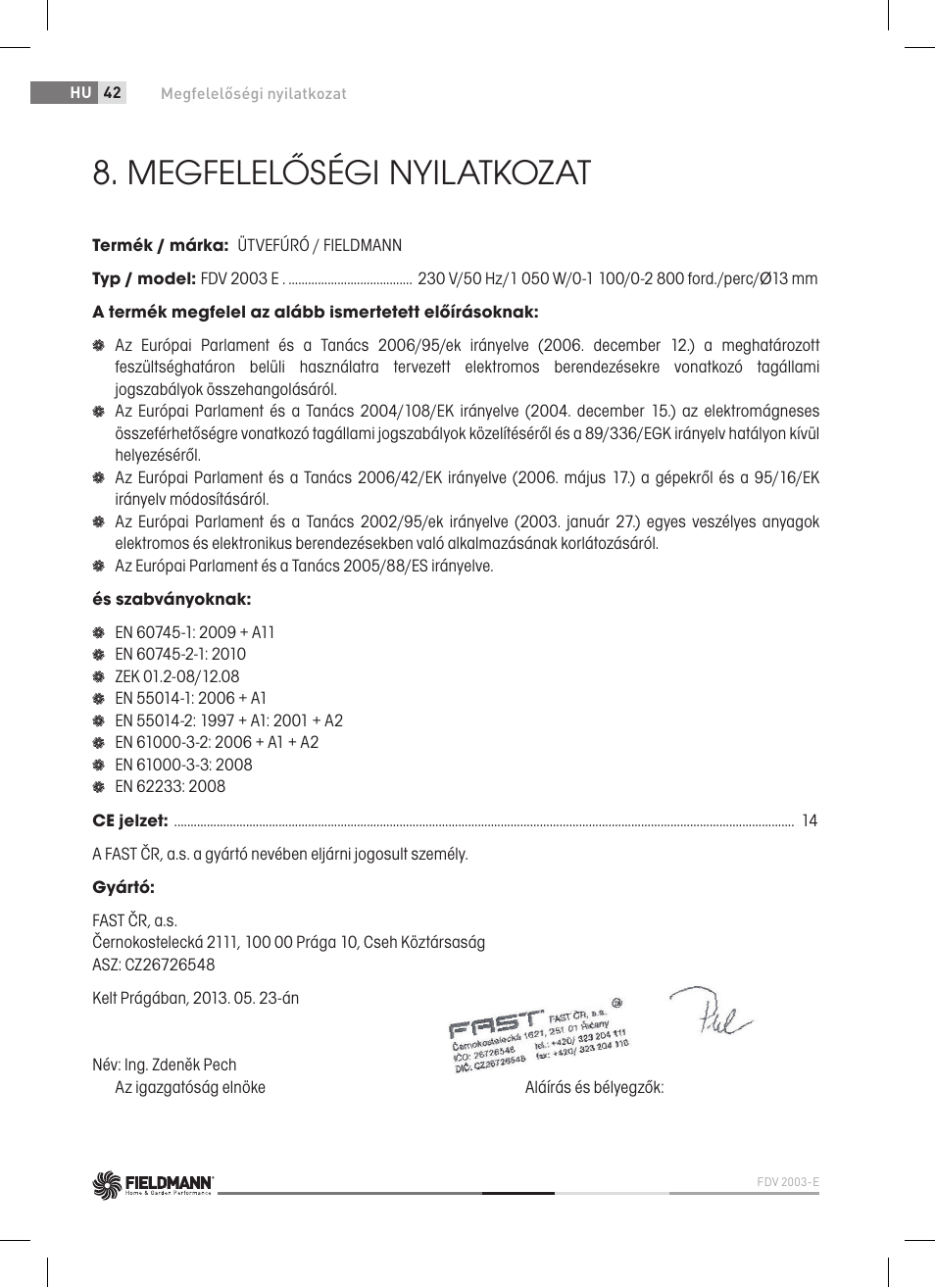 Megfelelőségi nyilatkozat | Fieldmann FDV 2003-E User Manual | Page 42 / 64