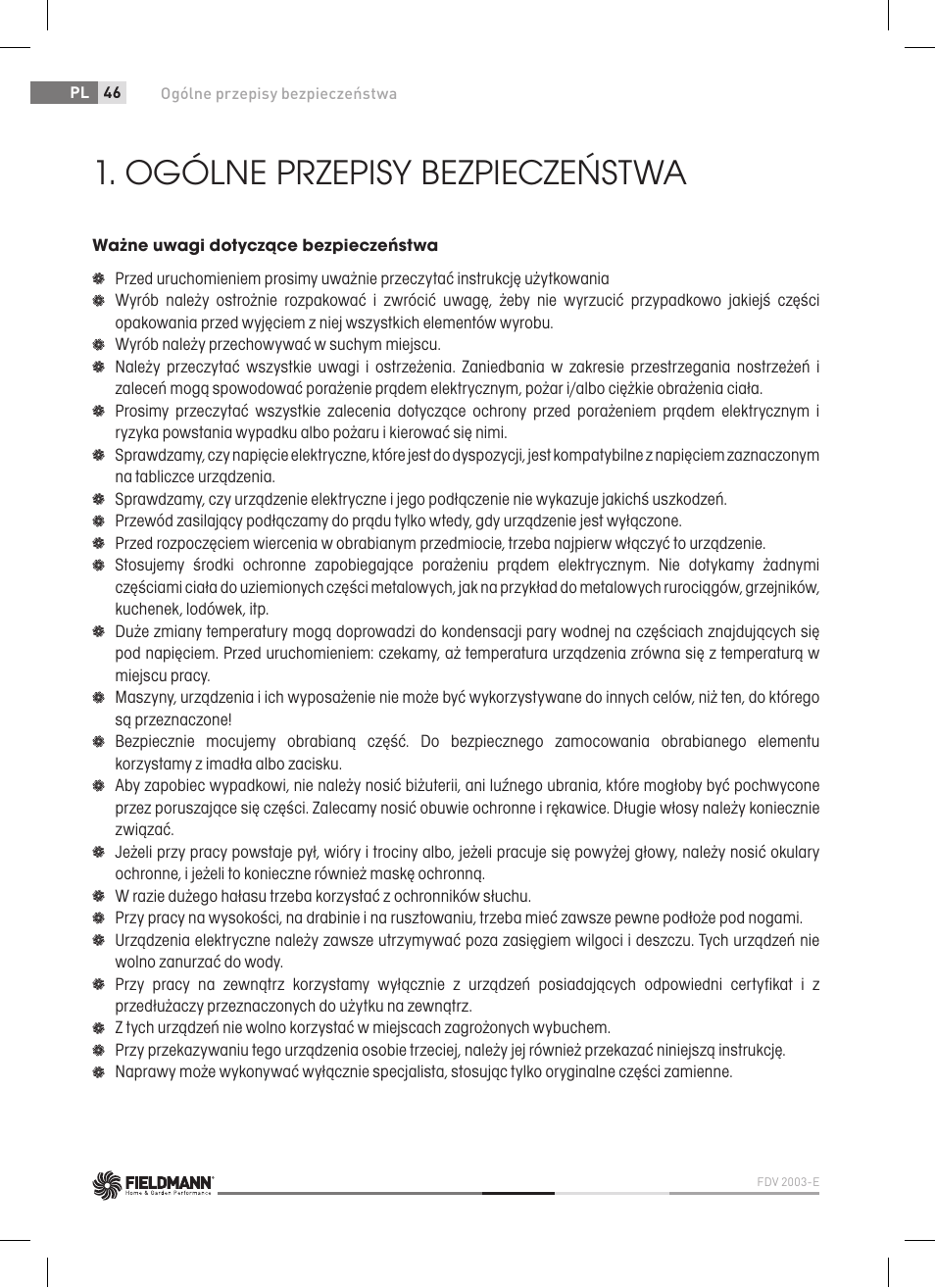 Ogólne przepisy bezpieczeństwa | Fieldmann FDV 2003-E User Manual | Page 46 / 64