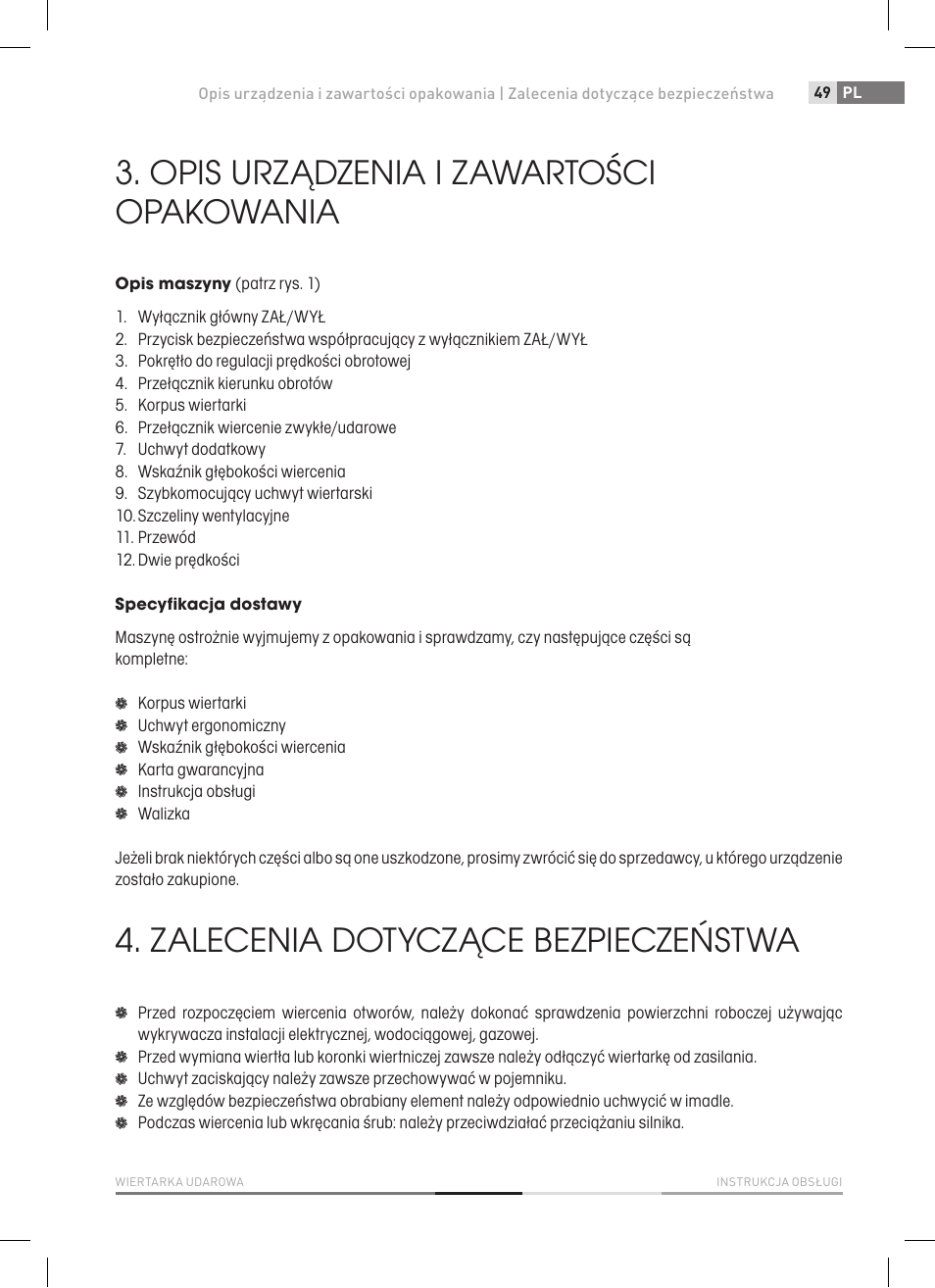 Opis urządzenia i zawartości opakowania, Zalecenia dotyczące bezpieczeństwa | Fieldmann FDV 2003-E User Manual | Page 49 / 64