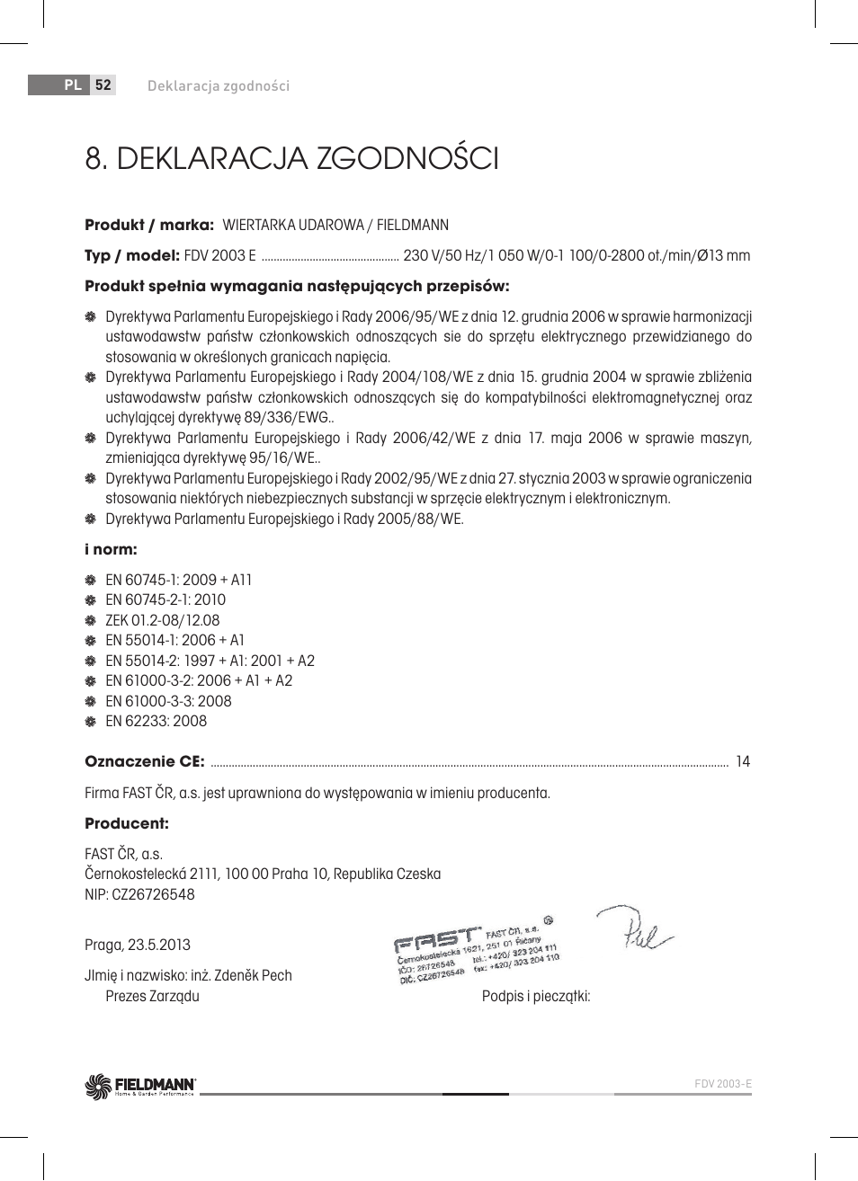 Deklaracja zgodności | Fieldmann FDV 2003-E User Manual | Page 52 / 64