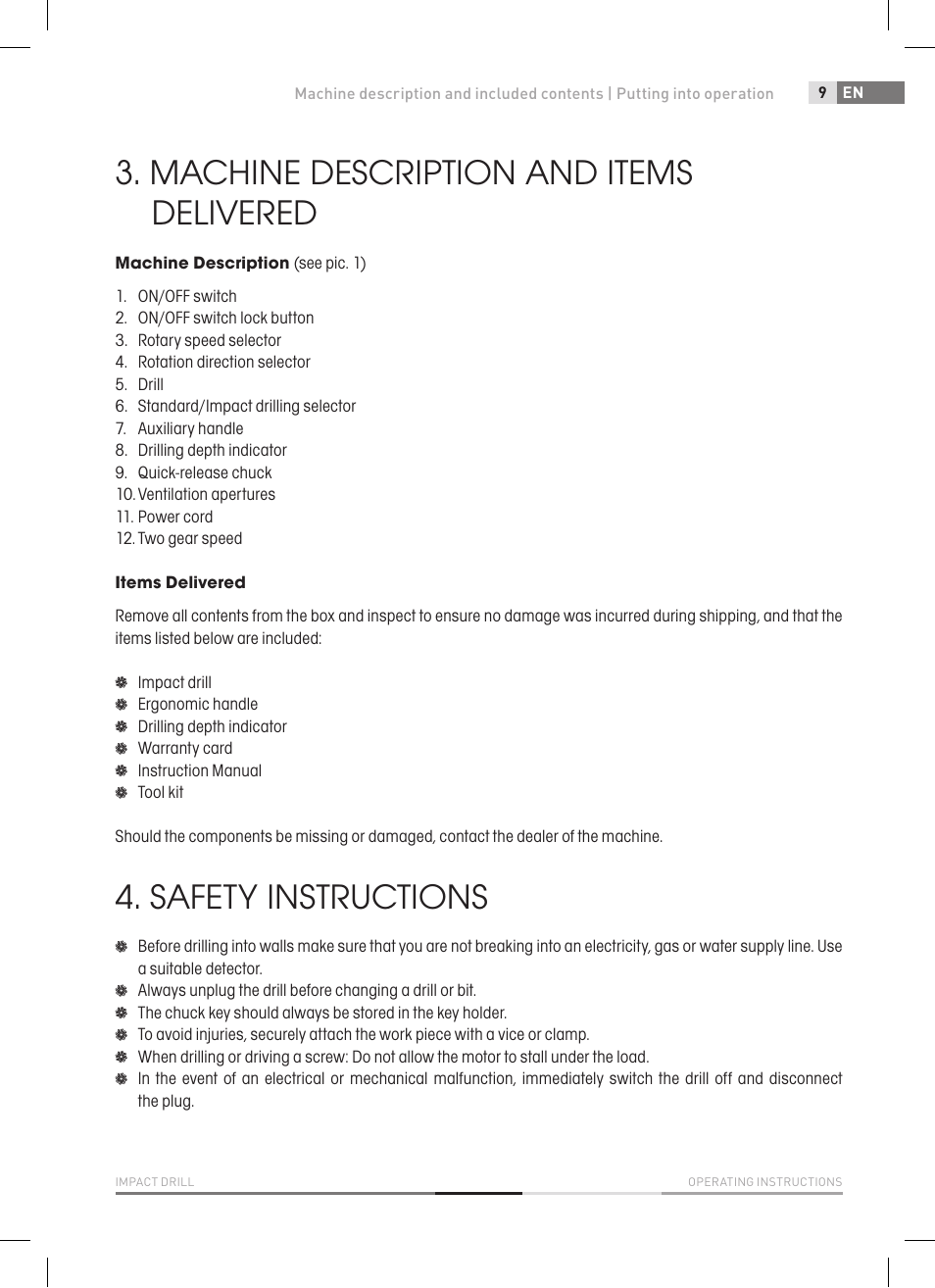 Machine description and items delivered, Safety instructions | Fieldmann FDV 2003-E User Manual | Page 9 / 64