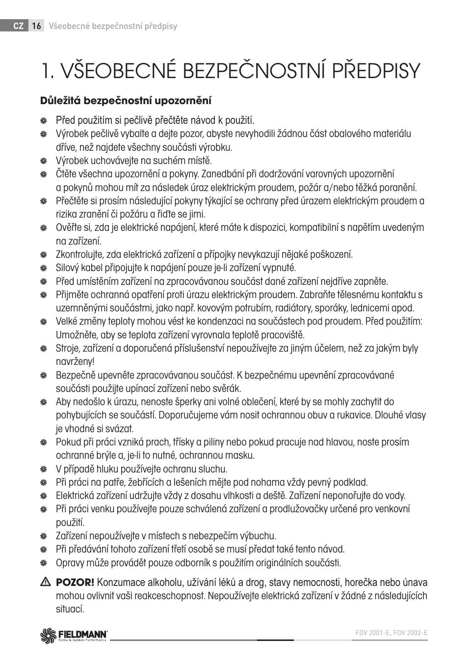 Všeobecné bezpečnostní předpisy | Fieldmann FDV 2002-E User Manual | Page 16 / 64