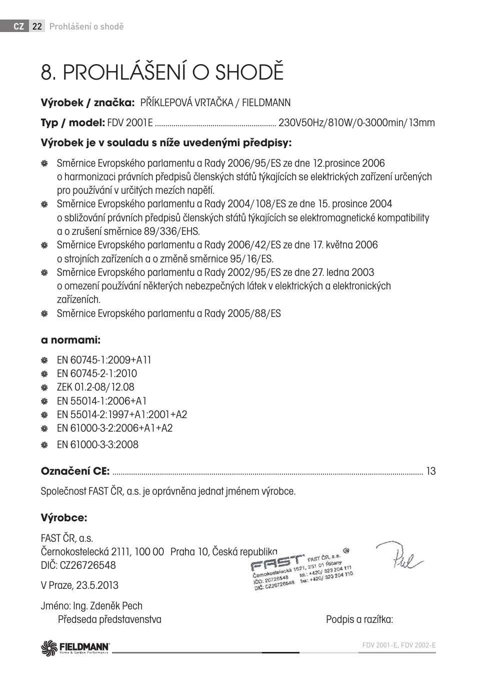 Prohlášení o shodě | Fieldmann FDV 2002-E User Manual | Page 22 / 64