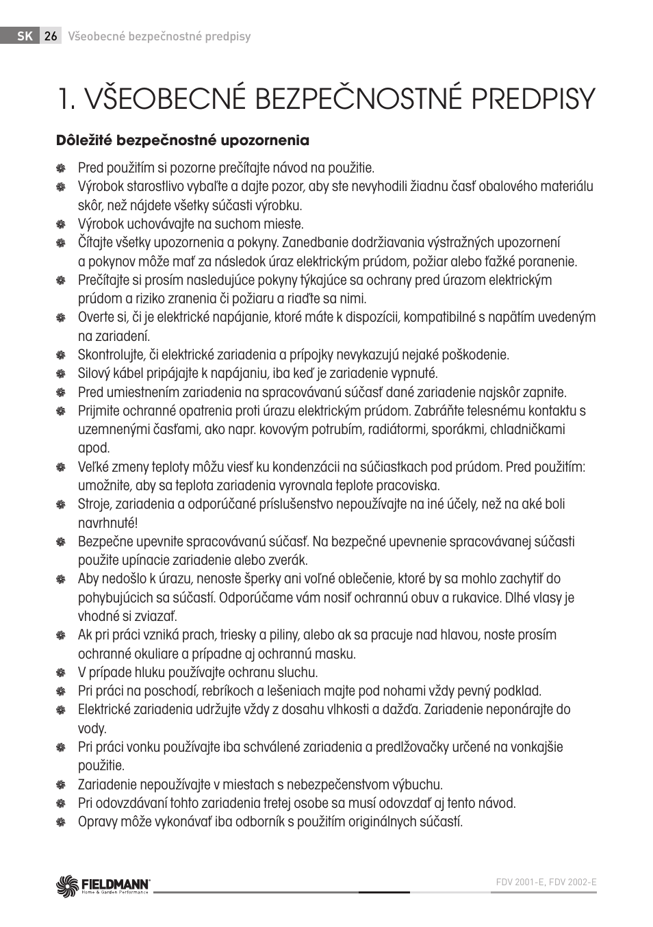 Všeobecné bezpečnostné predpisy | Fieldmann FDV 2002-E User Manual | Page 26 / 64