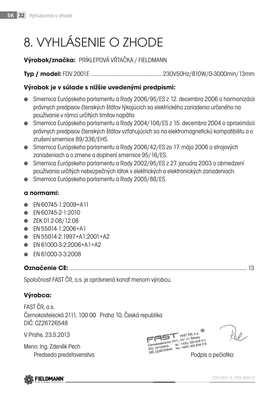 Vyhlásenie o zhode | Fieldmann FDV 2002-E User Manual | Page 32 / 64