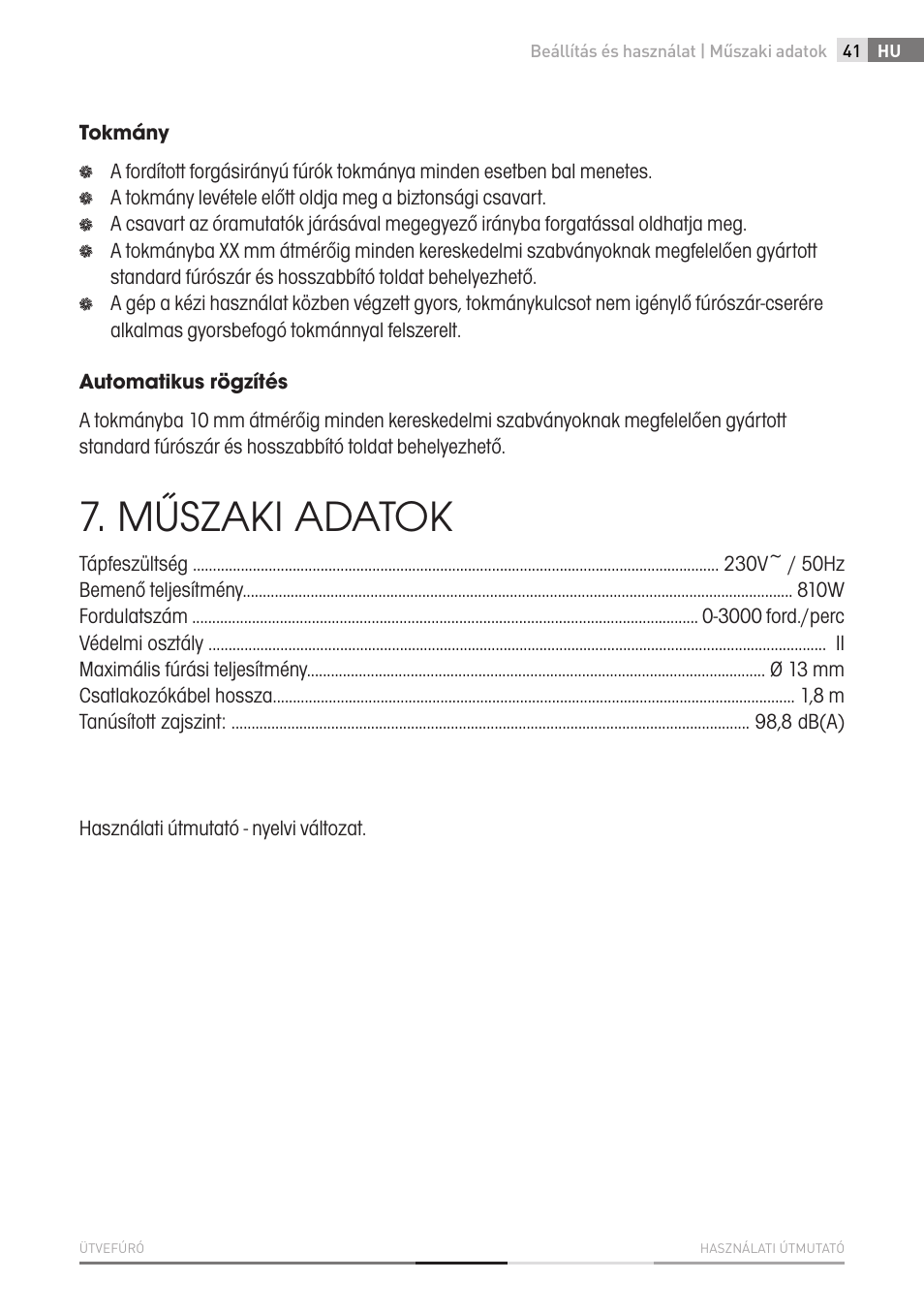Műszaki adatok | Fieldmann FDV 2002-E User Manual | Page 41 / 64