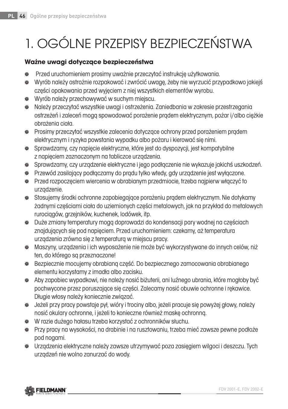 Ogólne przepisy bezpieczeństwa | Fieldmann FDV 2002-E User Manual | Page 46 / 64