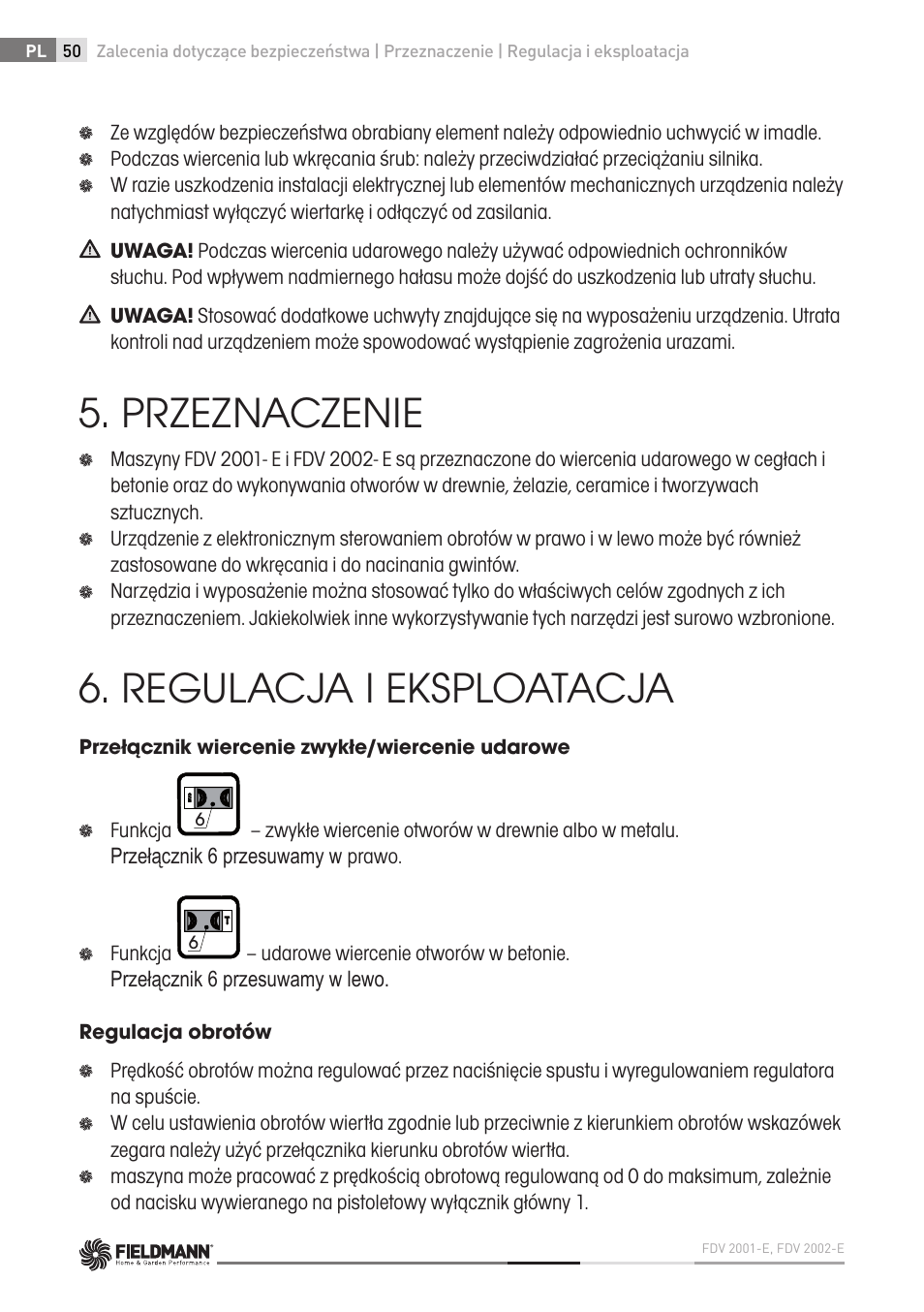 Przeznaczenie, Regulacja i eksploatacja | Fieldmann FDV 2002-E User Manual | Page 50 / 64
