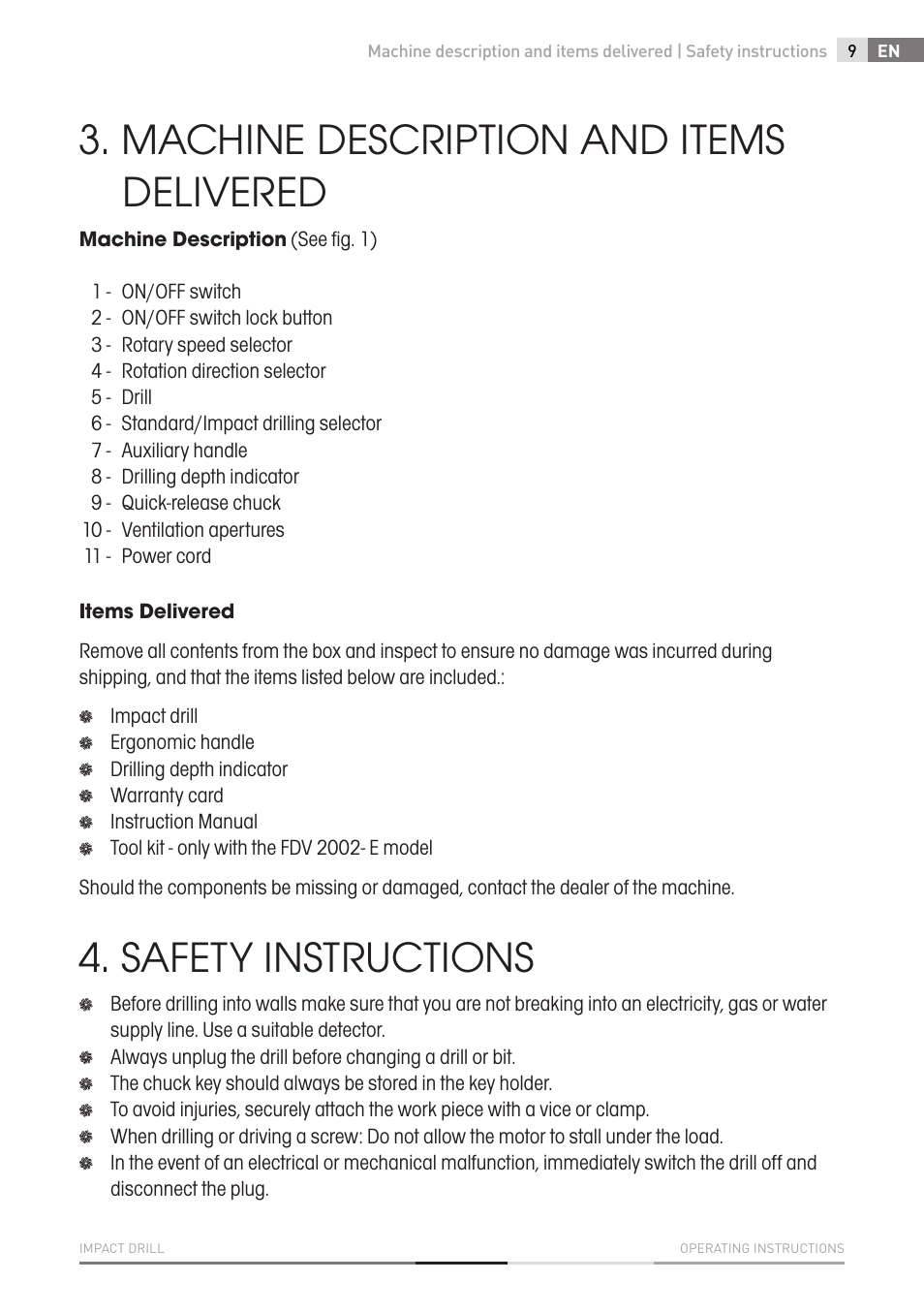 Machine description and items delivered, Safety instructions | Fieldmann FDV 2002-E User Manual | Page 9 / 64