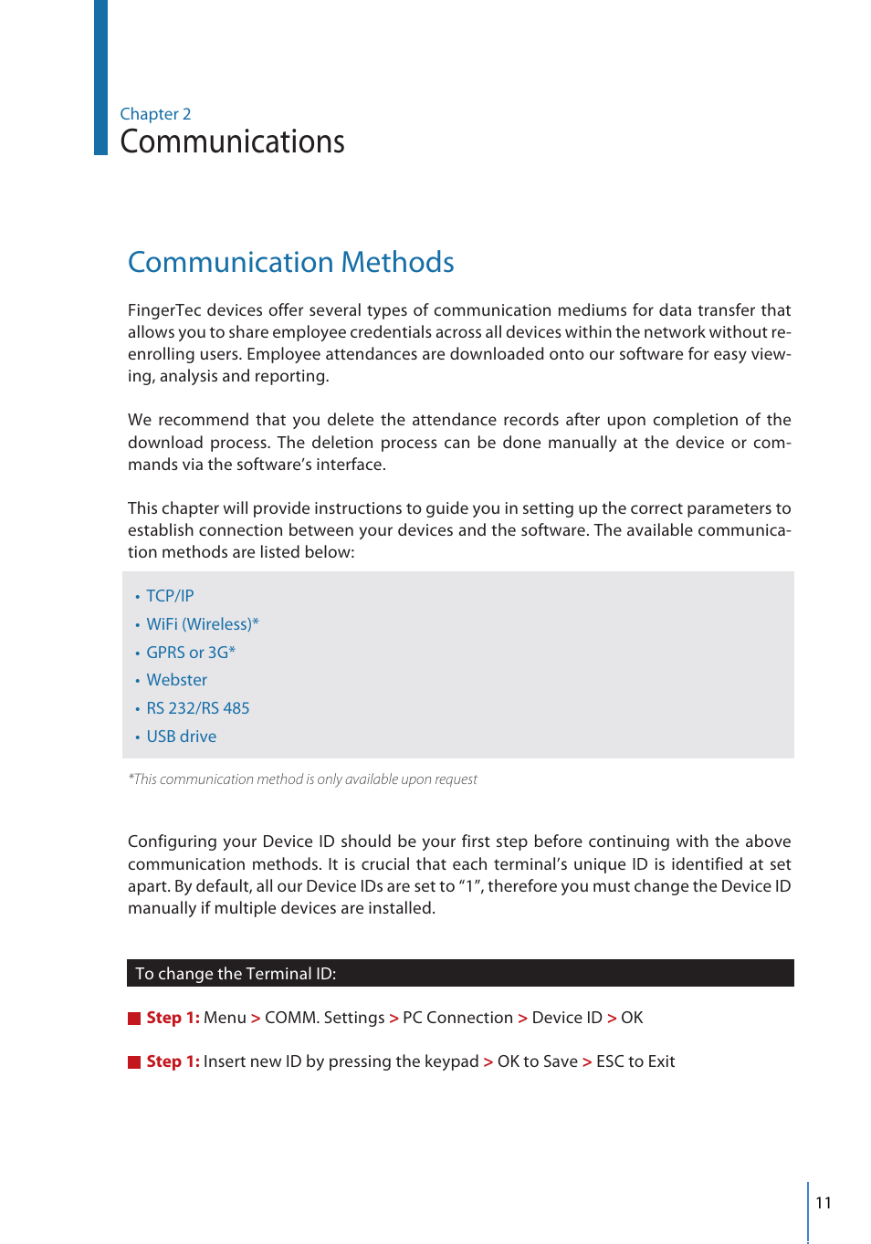 Communications, Communication methods | FingerTec FMM-100 User Manual | Page 11 / 38