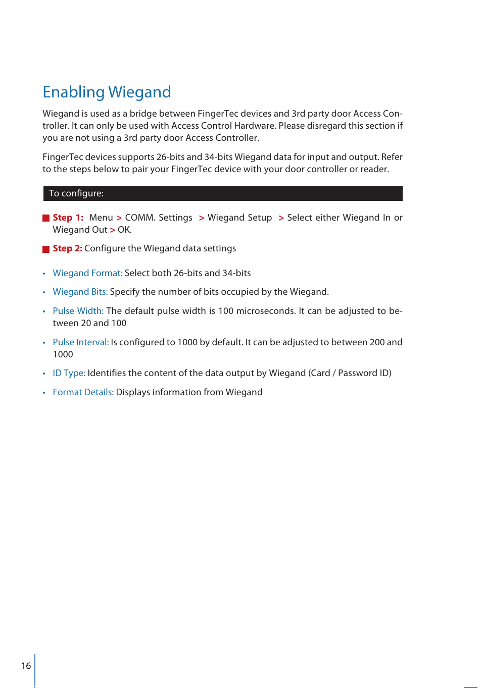 Enabling wiegand | FingerTec FMM-100 User Manual | Page 16 / 38