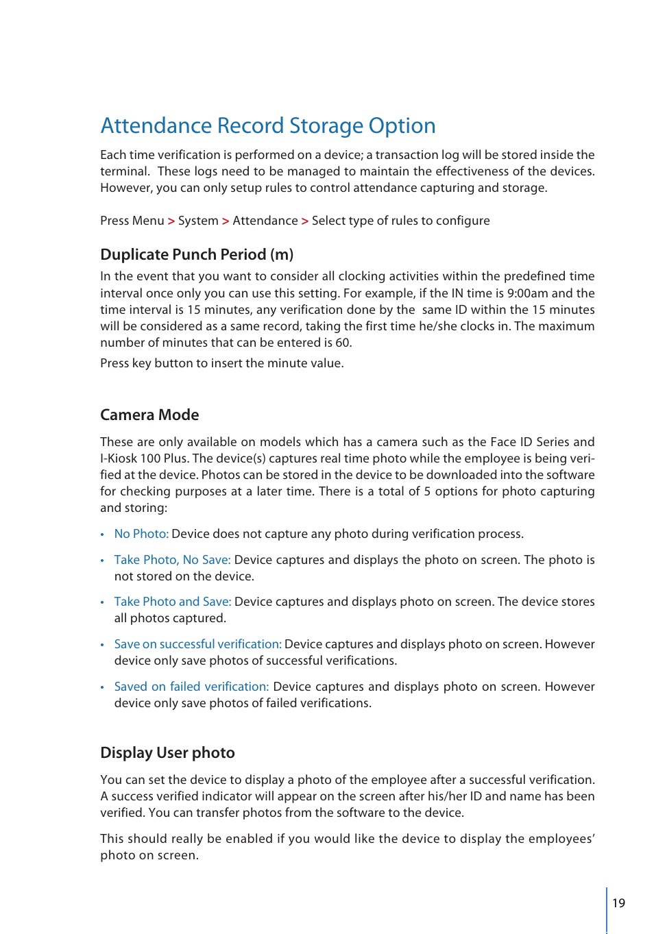Attendance record storage option, Duplicate punch period (m), Camera mode | Display user photo | FingerTec FMM-100 User Manual | Page 19 / 38