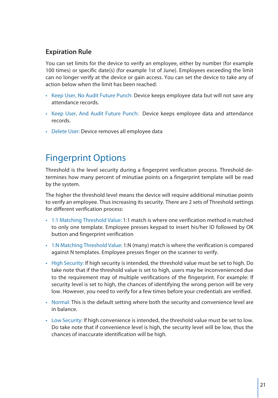 Fingerprint options, Expiration rule | FingerTec FMM-100 User Manual | Page 21 / 38