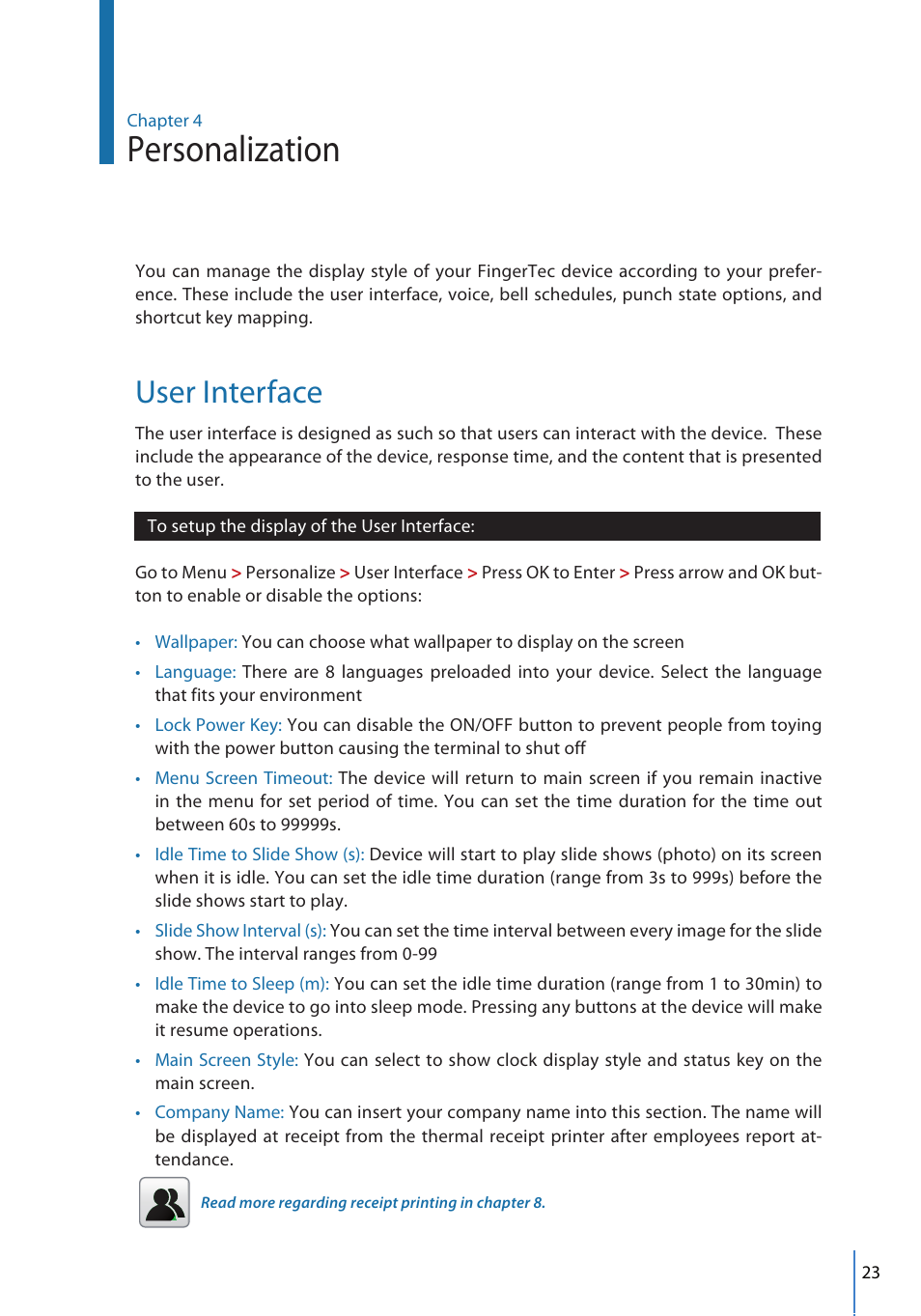 Personalization, User interface | FingerTec FMM-100 User Manual | Page 23 / 38