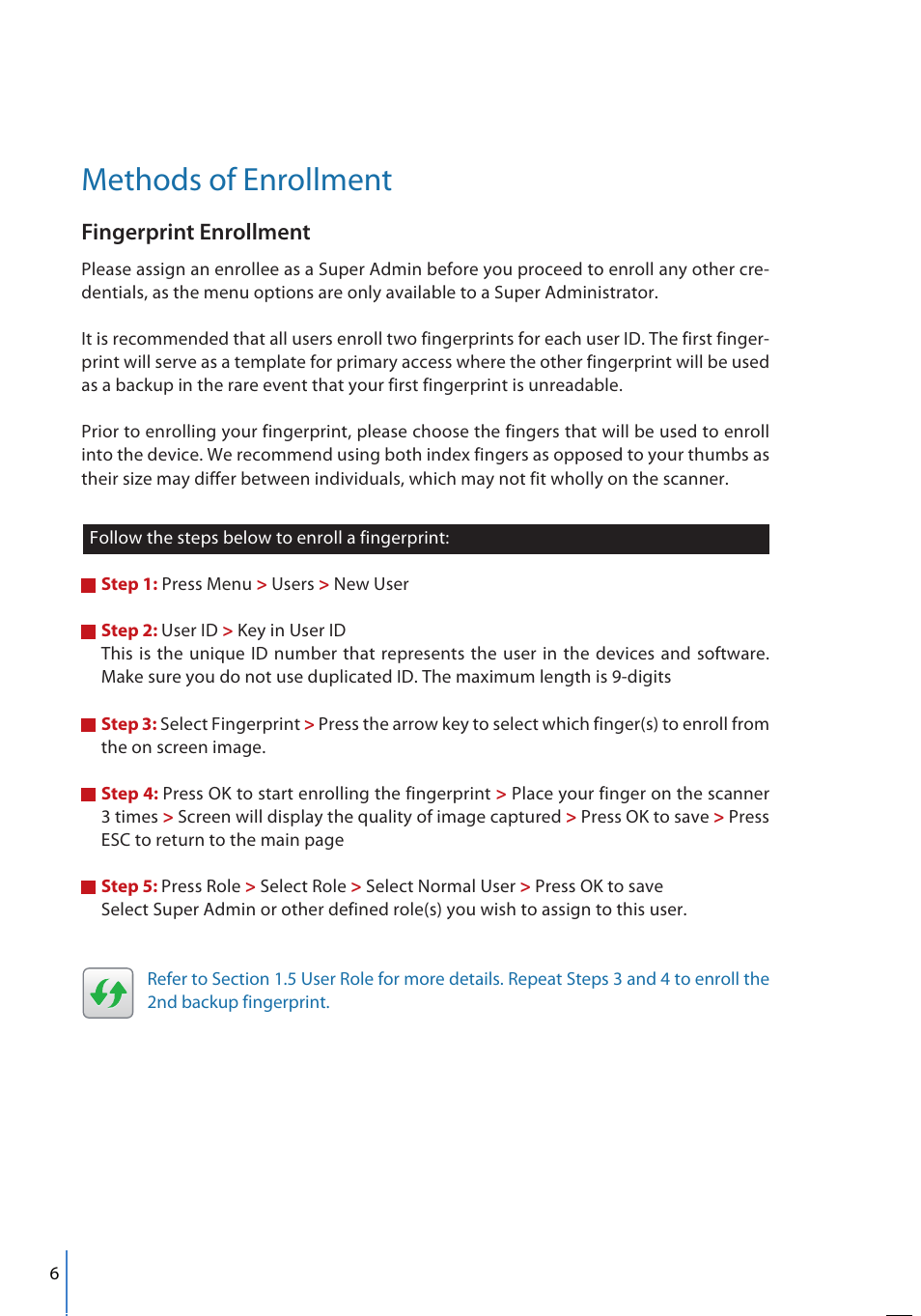 Methods of enrollment, Fingerprint enrollment | FingerTec FMM-100 User Manual | Page 6 / 38