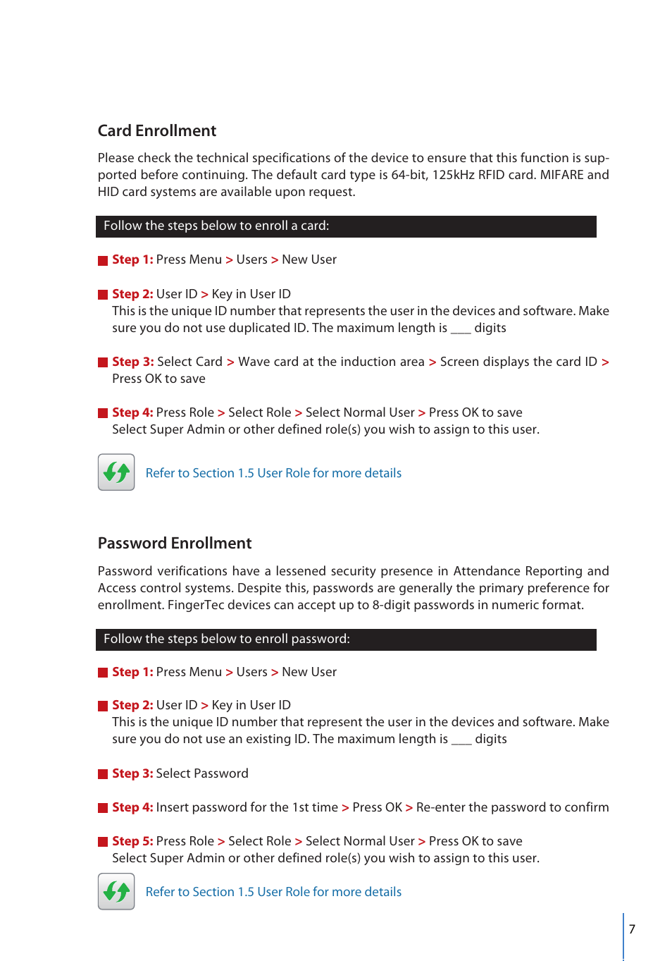 Card enrollment, Password enrollment | FingerTec FMM-100 User Manual | Page 7 / 38