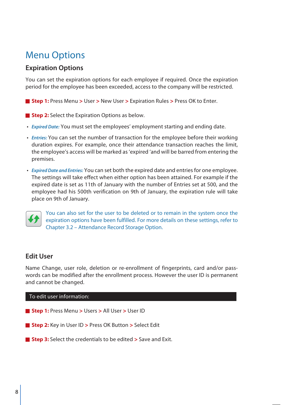 Menu options, Expiration options, Edit user | FingerTec FMM-100 User Manual | Page 8 / 38