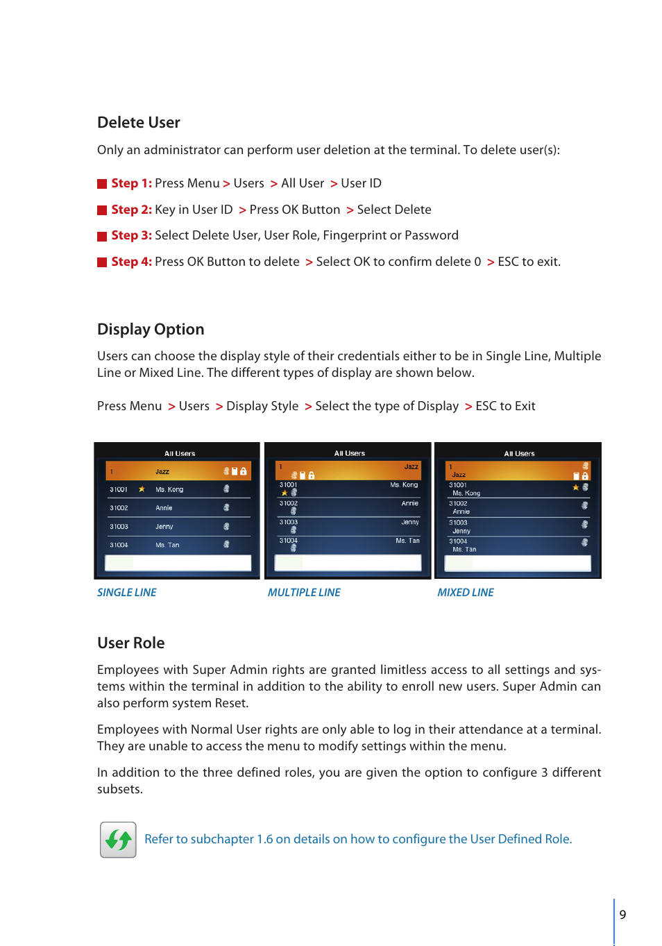 Delete user, Display option, User role | FingerTec FMM-100 User Manual | Page 9 / 38