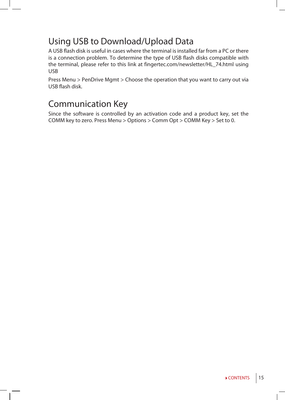 Using usb to download/upload data, Communication key | FingerTec R2 Manual User Manual | Page 15 / 38