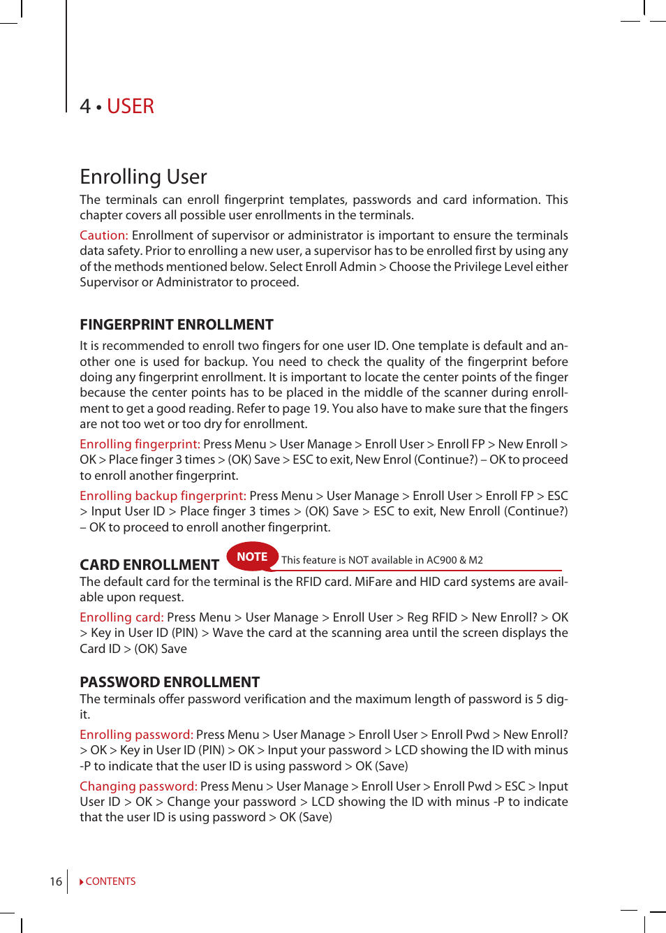 Chapter 4 • user, Enrolling, User | Verifying, Types of verification method, Adding user information, Deleting, Access, Level/privilege, 4 • user enrolling user | FingerTec R2 Manual User Manual | Page 16 / 38