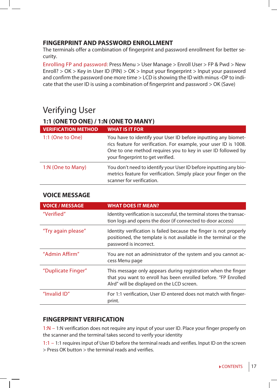 Verifying user, Fingerprint and password enrollment, 1 (one to one) / 1:n (one to many) | Voice message, Fingerprint verification | FingerTec R2 Manual User Manual | Page 17 / 38
