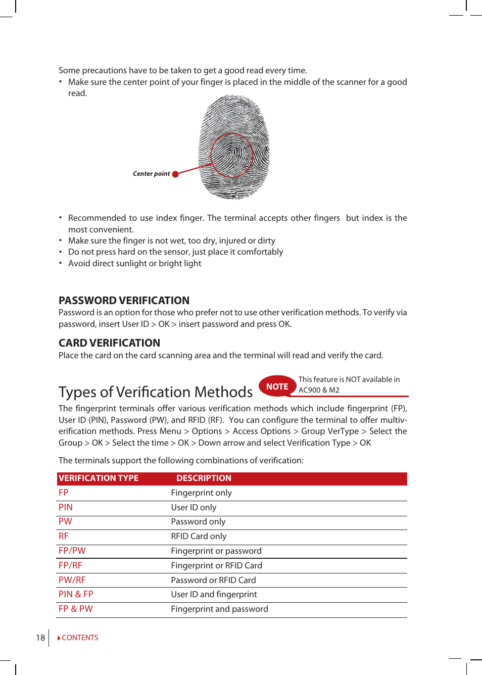 Types of verifi cation methods | FingerTec R2 Manual User Manual | Page 18 / 38
