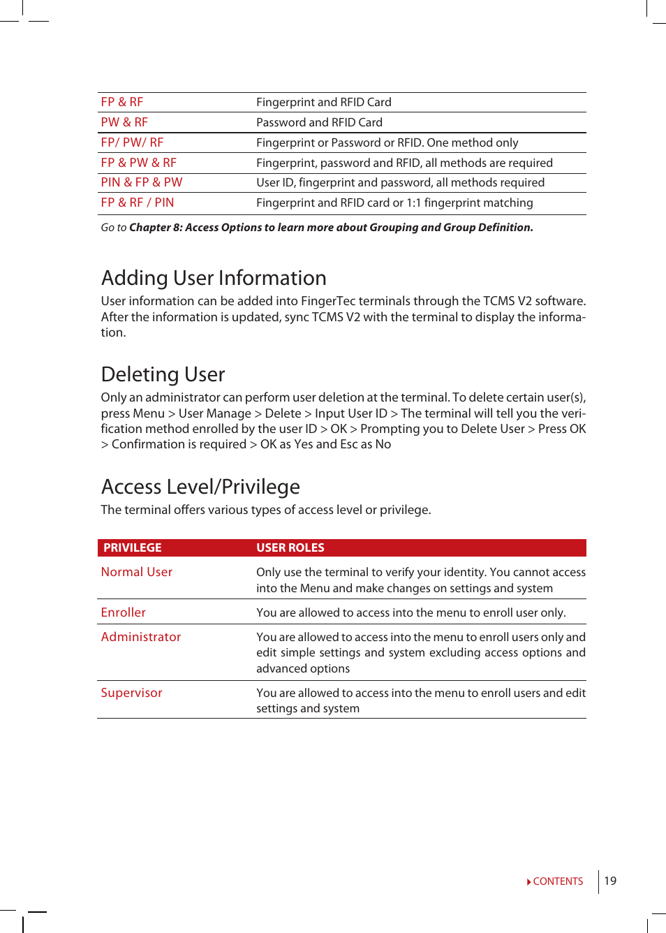 Adding user information, Deleting user, Access level/privilege | FingerTec R2 Manual User Manual | Page 19 / 38