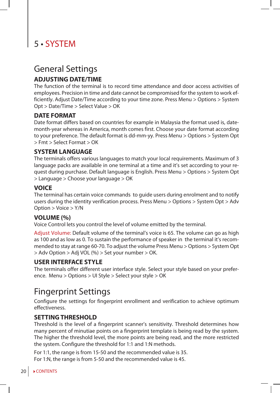 Chapter 5 • system, General, Settings | Fingerprint, Update, Firmware, System, Information, Log information (log opt), 5 • system general settings | FingerTec R2 Manual User Manual | Page 20 / 38