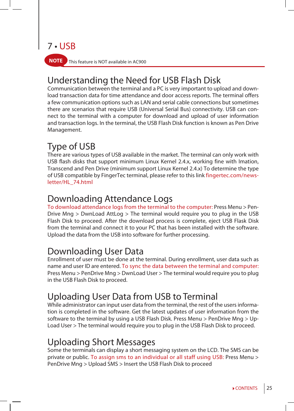 Chapter 7 • usb, Understanding the need for usb flash disk, Type of usb | Downloading attendance logs, Downloading user data, Uploading user data from usb to terminal, Uploading short messages, 7 • usb understanding the need for usb flash disk | FingerTec R2 Manual User Manual | Page 25 / 38