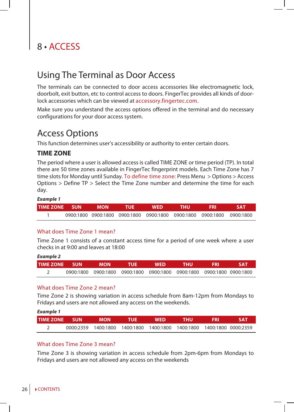 Chapter 8 • access, Using the terminal as door access, Access | Options, User account options, Combination, Lock, Door sensor delay, Door sensor mode, Door sensor alarm | FingerTec R2 Manual User Manual | Page 26 / 38