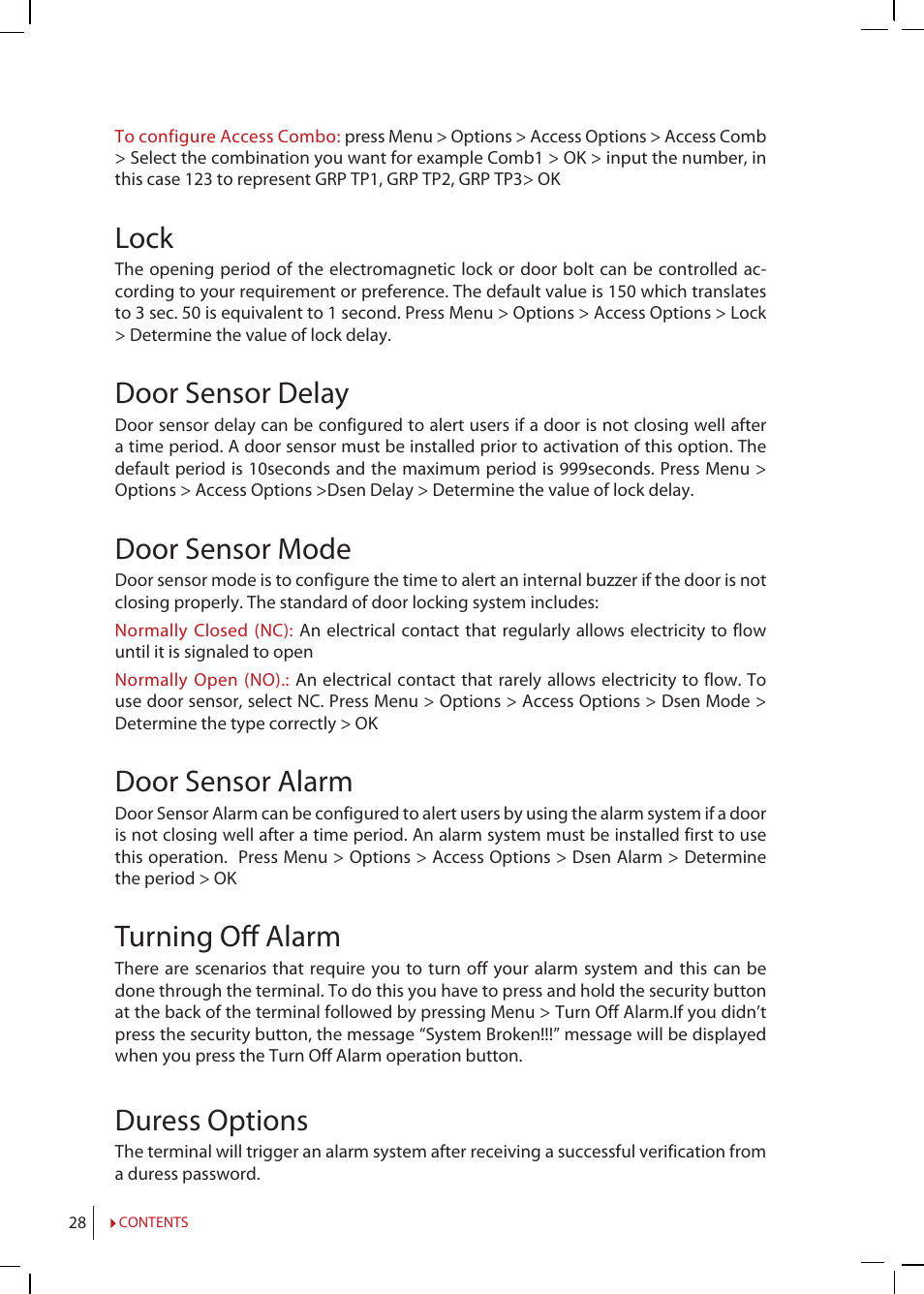 Lock, Door sensor delay, Door sensor mode | Door sensor alarm, Turning off alarm, Duress options | FingerTec R2 Manual User Manual | Page 28 / 38
