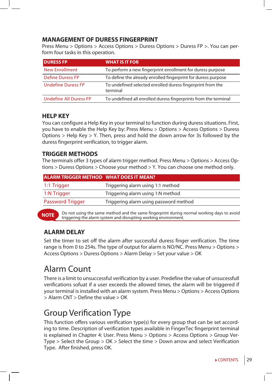 Alarm count, Group verifi cation type, Management of duress fingerprint | Help key, Trigger methods, Alarm delay | FingerTec R2 Manual User Manual | Page 29 / 38