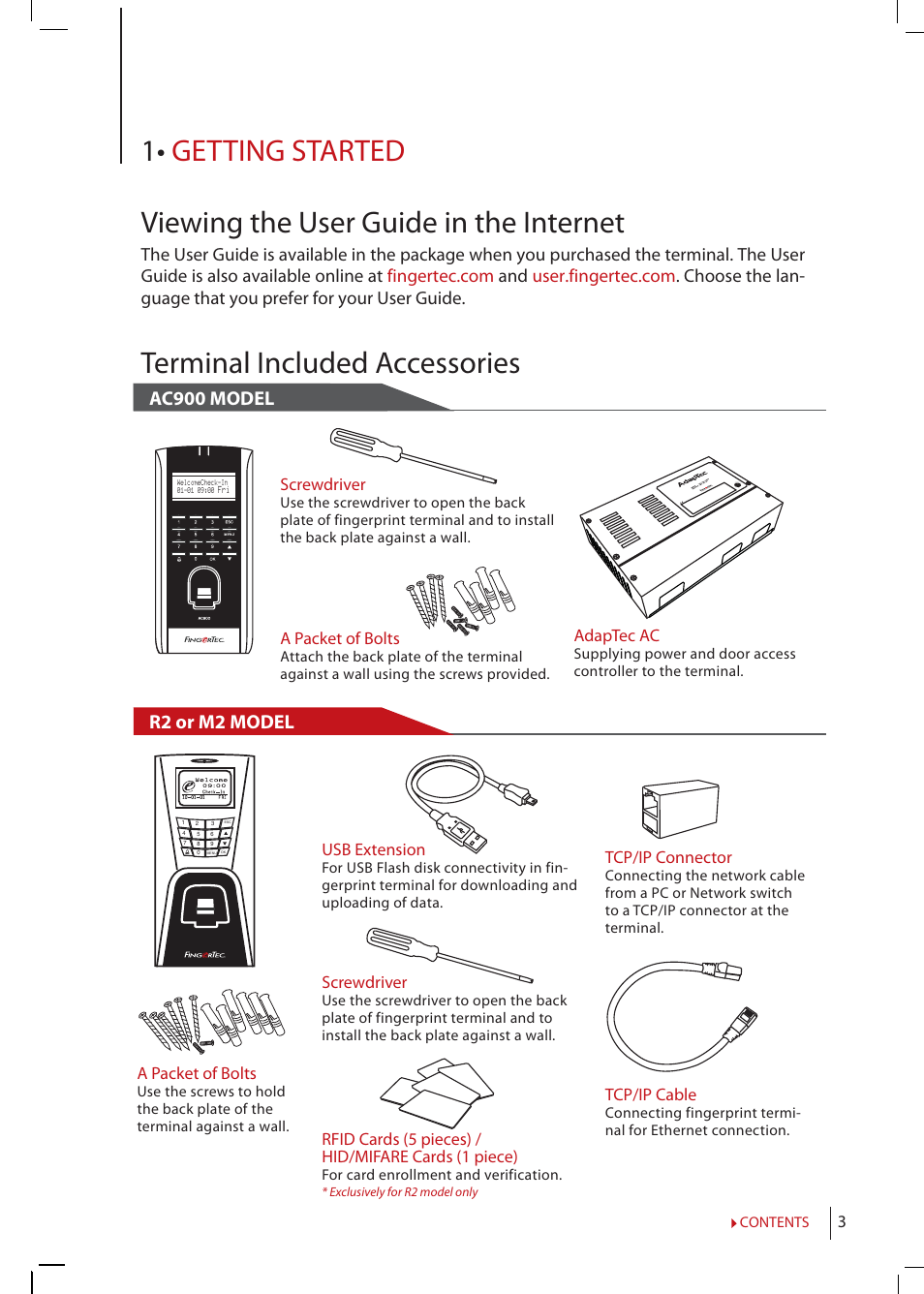 Chapter 1 • getting started, Viewing the user guide in the internet, Terminal included accessories | Included printed materials, Activating, Terminal, Registering, Ac900 model, R2 or m2 model | FingerTec R2 Manual User Manual | Page 3 / 38