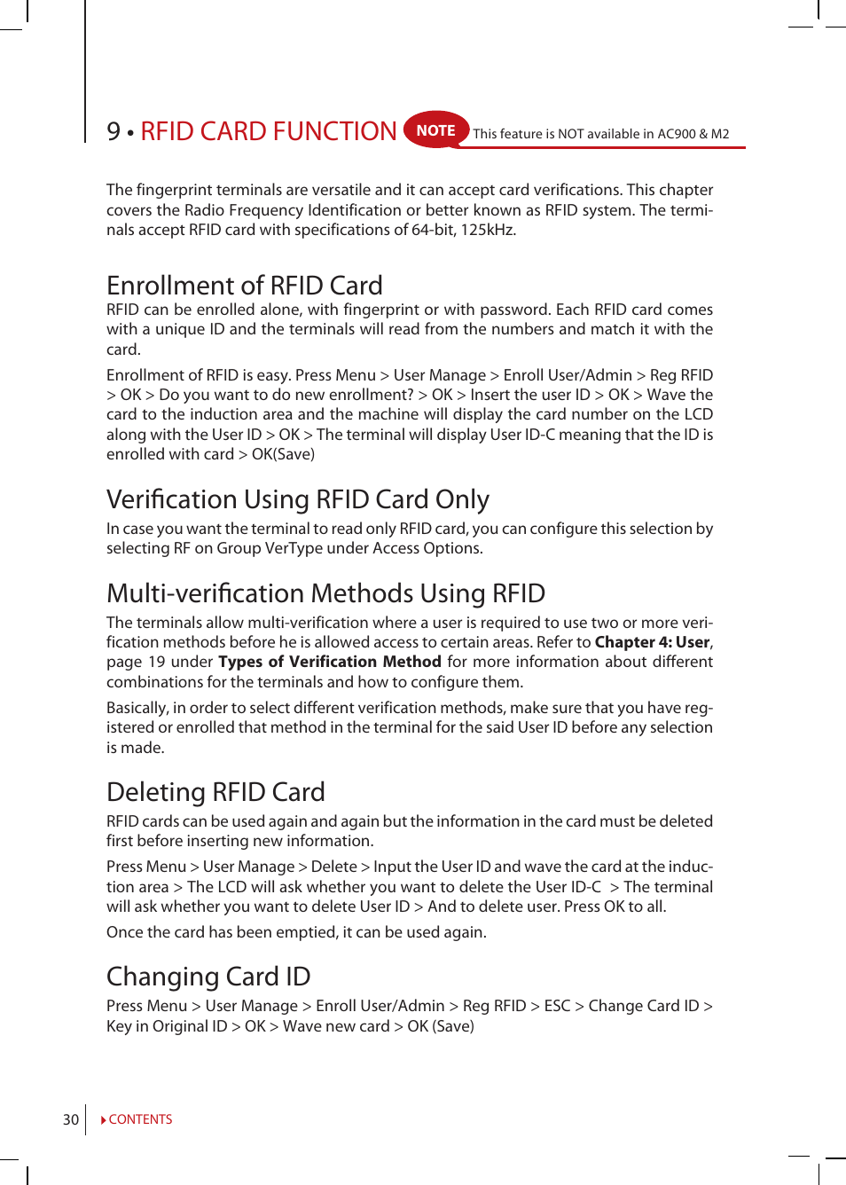 Chapter 9 • rfid card function, Enrollment of rfid card, Verification using rfid card only | Multi verification methods using rfid, Deleting rfid card, Changing card id, 9 • rfid card function, Verifi cation using rfid card only, Multi-verifi cation methods using rfid | FingerTec R2 Manual User Manual | Page 30 / 38