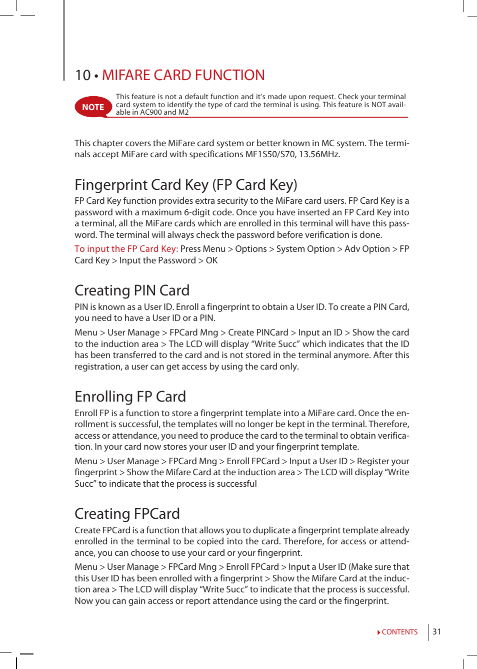 Chapter 10 • mifare card function, Fingerprint card key (fp card key), Creating pin card | Enrolling fp card, Creating fp card, Registering fp card, Unregistering fp card, Emptying fp card, Dumping fp card, Moving to fp card | FingerTec R2 Manual User Manual | Page 31 / 38