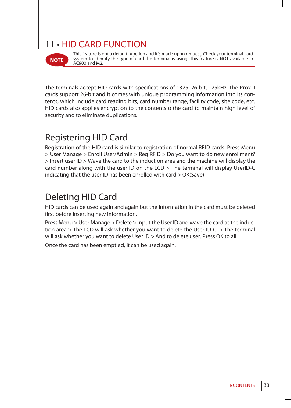 Chapter 11 • hid card function, Registering hid card, Deleting hid card | 11 • hid card function | FingerTec R2 Manual User Manual | Page 33 / 38