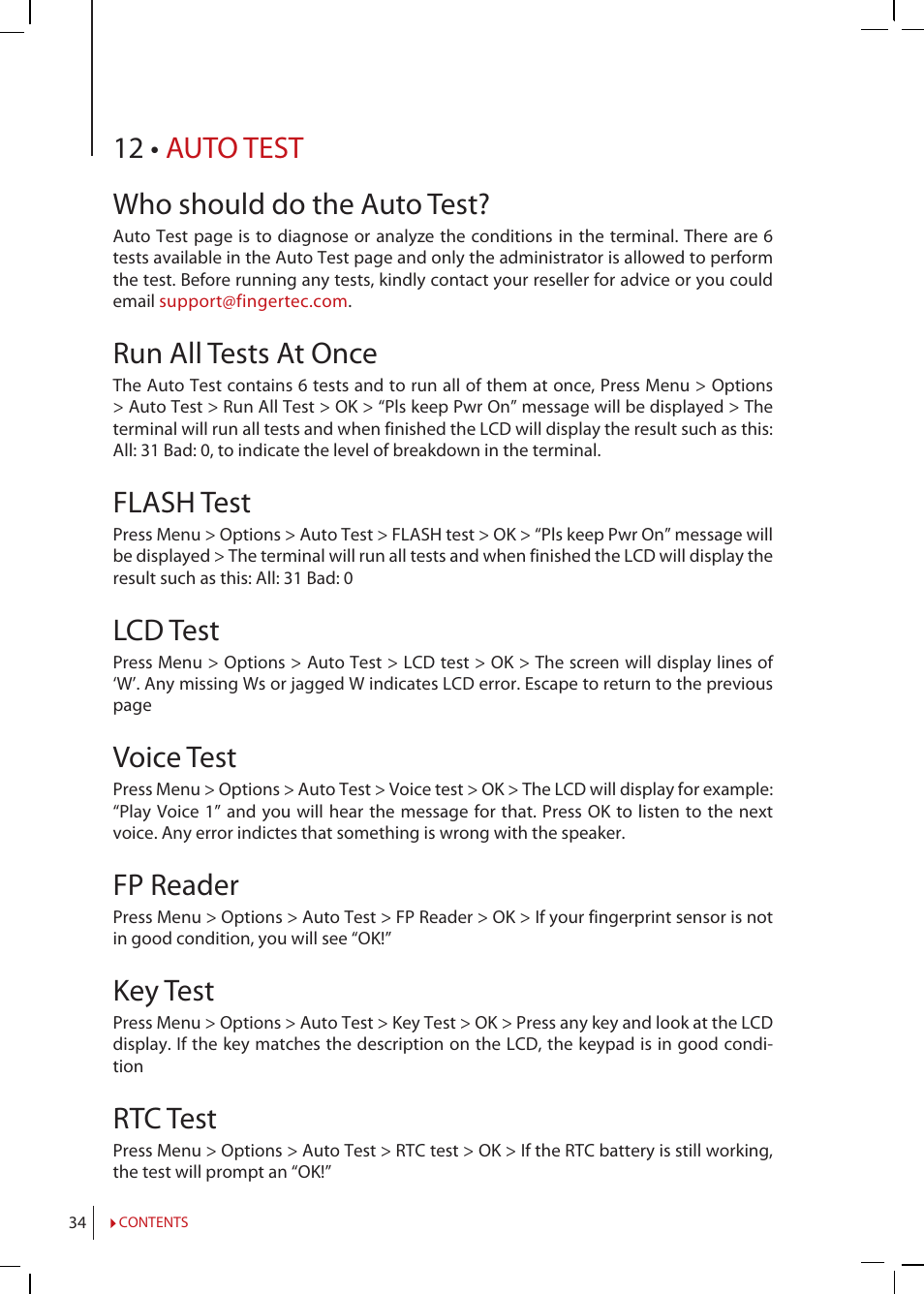 Chapter 12 • auto test, Who should do the auto test, Run all tests at once | Flash, Test, Voice, Reader, 12 • auto test who should do the auto test, Flash test, Lcd test | FingerTec R2 Manual User Manual | Page 34 / 38