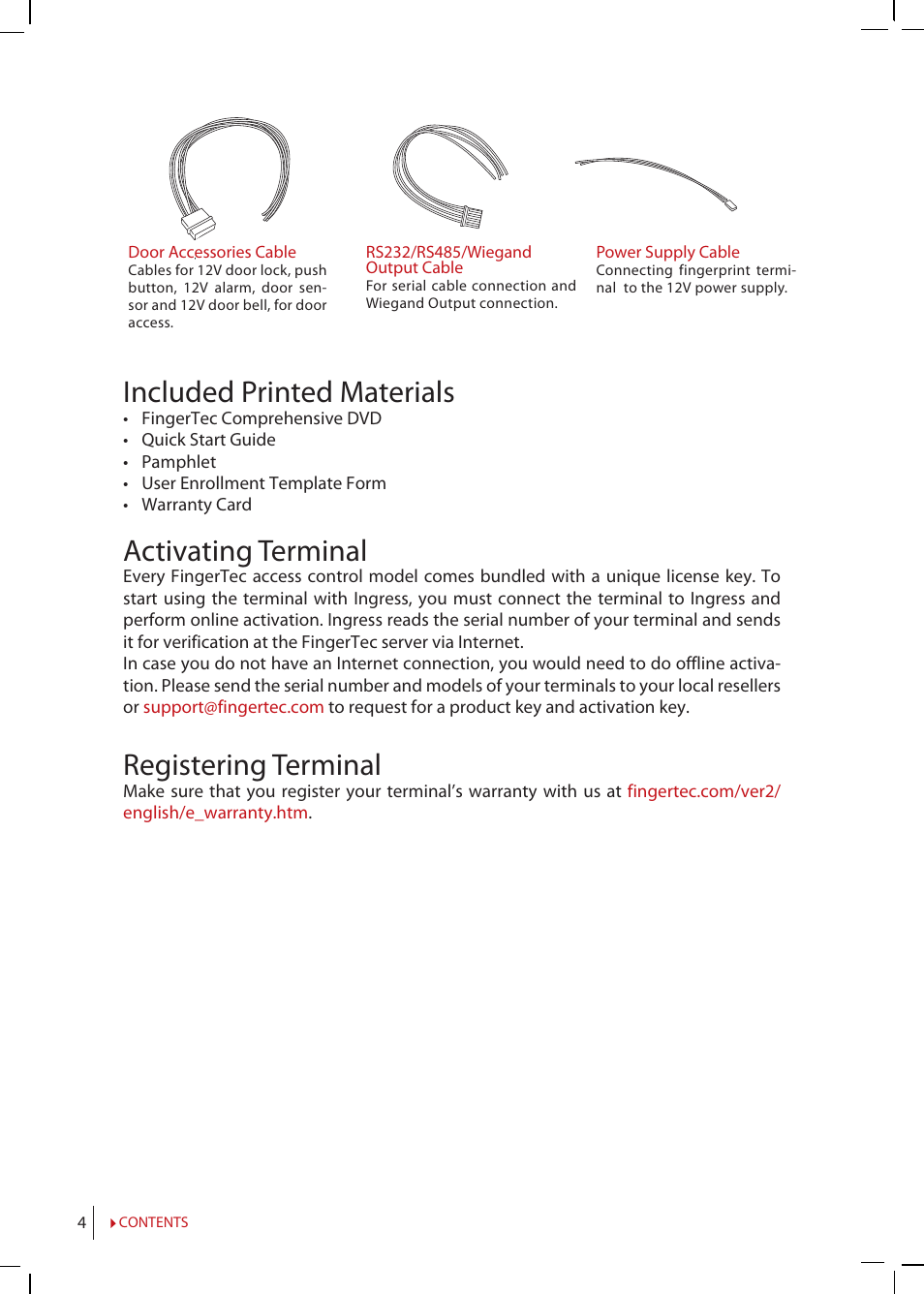 Included printed materials, Activating terminal, Registering terminal | FingerTec R2 Manual User Manual | Page 4 / 38
