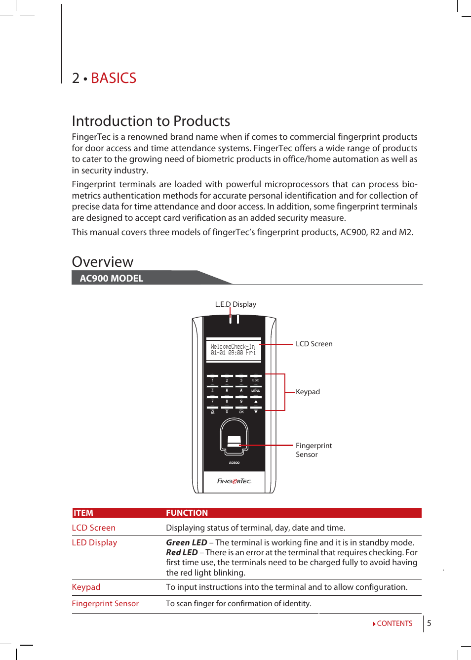 Chapter 2 • basics, Introduction to products, Overview | Power on/off button, Keypad, Battery, Date/time, Voice, Control, Security | FingerTec R2 Manual User Manual | Page 5 / 38