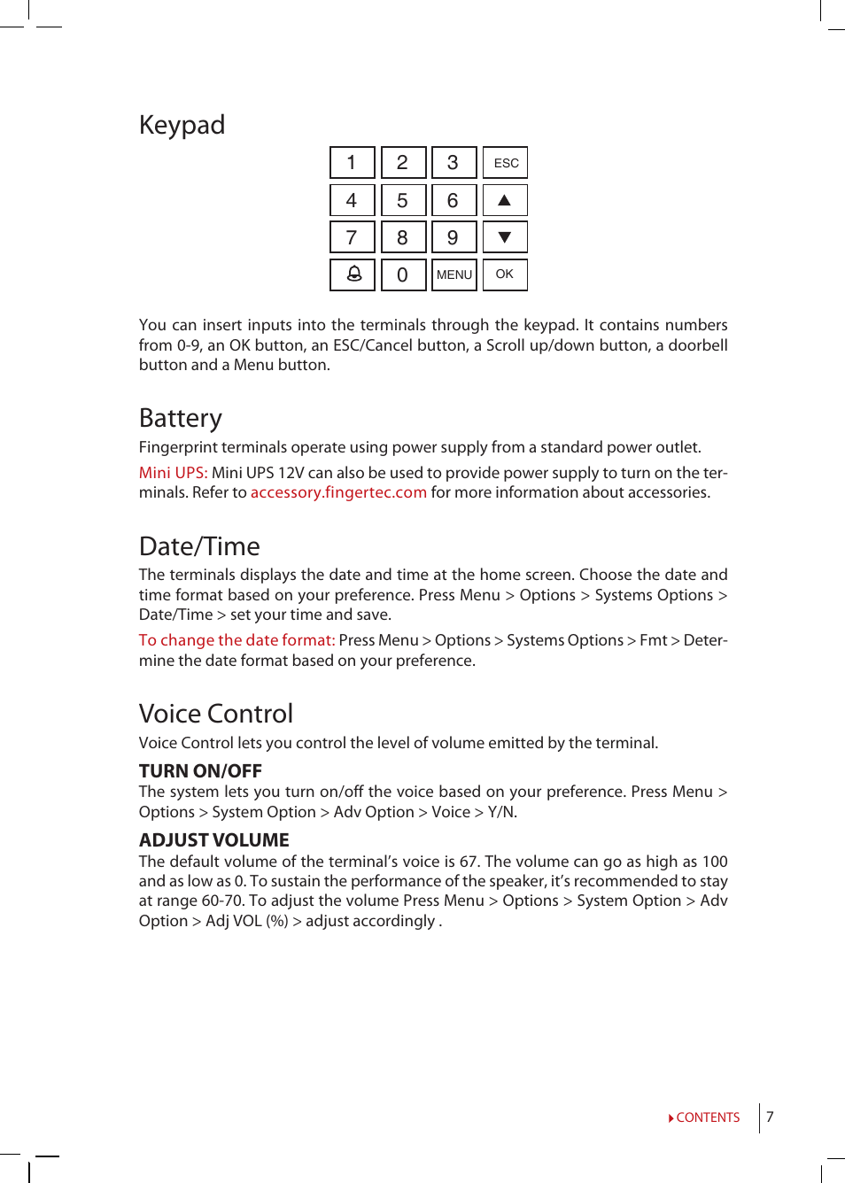 Keypad, Battery, Date/time | Voice control | FingerTec R2 Manual User Manual | Page 7 / 38