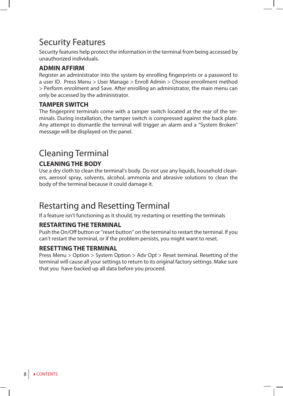 Security features, Cleaning terminal, Restarting and resetting terminal | FingerTec R2 Manual User Manual | Page 8 / 38